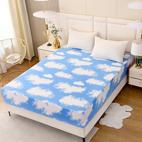 NATURETY Bedding Fitted Sheet with Deep Pocket for Single Bed Mattress Cover Sheets,White Cloud Printed Fabric Bed Sheets (Blue Sky, Twin) - Image 1