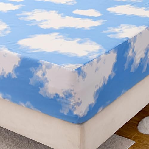 NATURETY Bedding Fitted Sheet with Deep Pocket for Single Bed Mattress Cover Sheets,White Cloud Printed Fabric Bed Sheets (Blue Sky, Twin) - Image 2