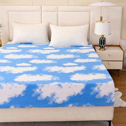NATURETY Bedding Fitted Sheet with Deep Pocket for Single Bed Mattress Cover Sheets,White Cloud Printed Fabric Bed Sheets (Blue Sky, Twin) - Image 3