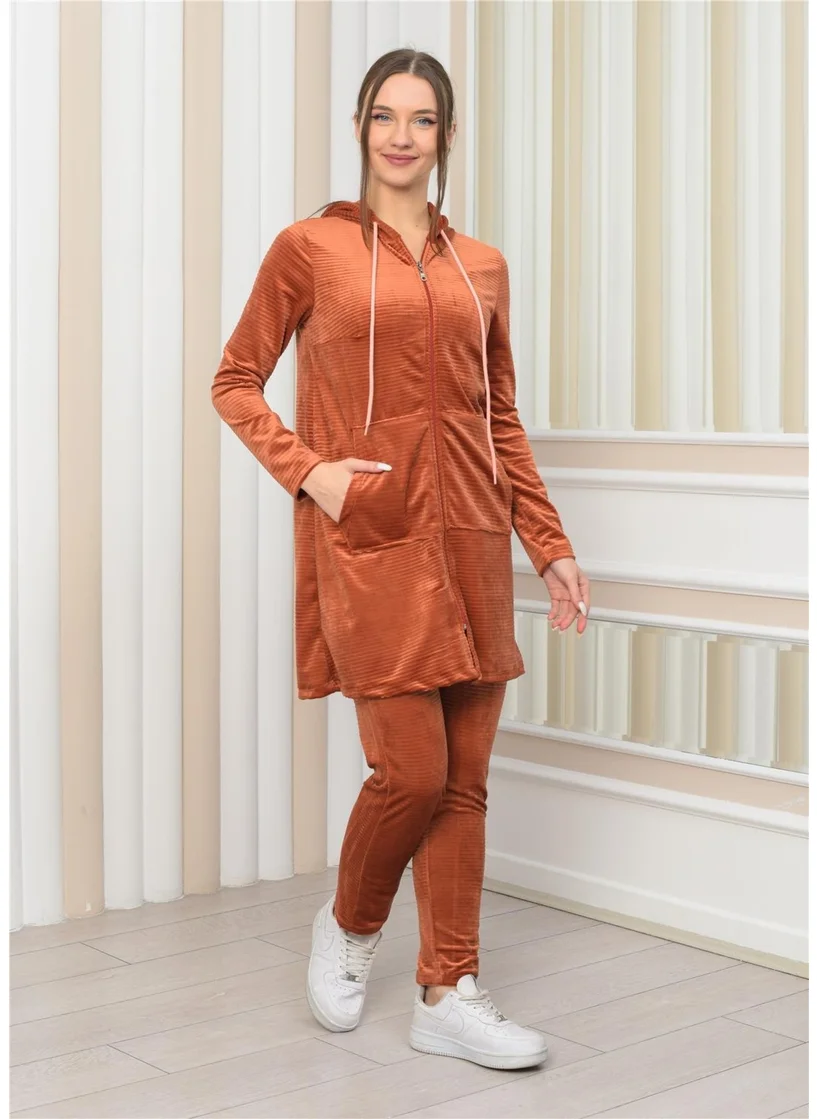 Nuseel Women's Hooded Zippered Tunic Trousers Two Piece Set Tile