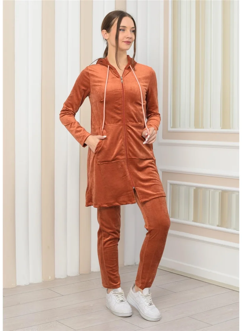 Nuseel Women's Hooded Zippered Tunic Trousers Two Piece Set Tile