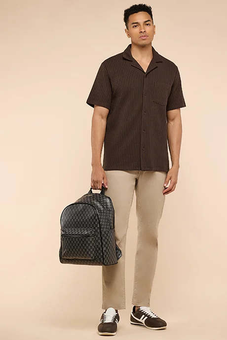 أر أند بي Textured Shirt with Revere Collar and Short Sleeves