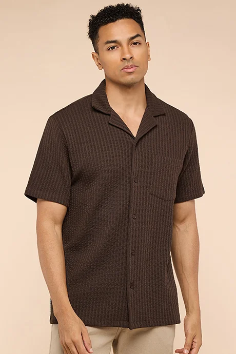 أر أند بي Textured Shirt with Revere Collar and Short Sleeves