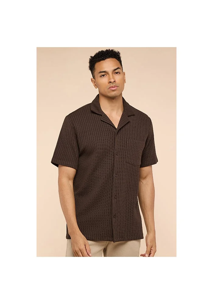 أر أند بي Textured Shirt with Revere Collar and Short Sleeves