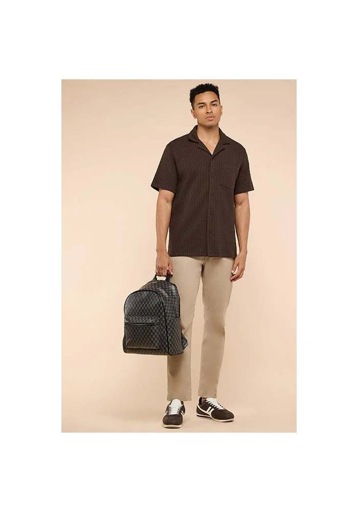 أر أند بي Textured Shirt with Revere Collar and Short Sleeves