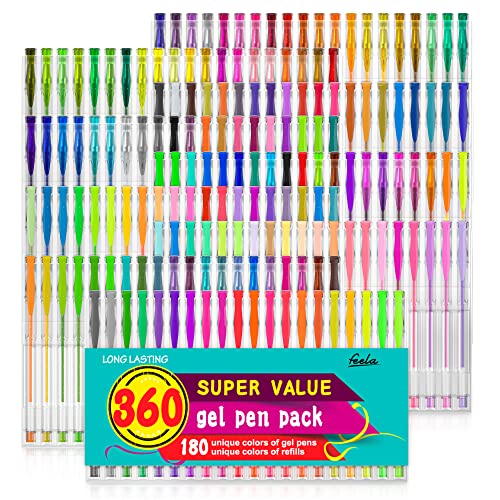 feela 360 Colors Gel Pens Set 180 Unique Gel Pen Plus 180 Refills for Adult Coloring Books Drawing - Image 1