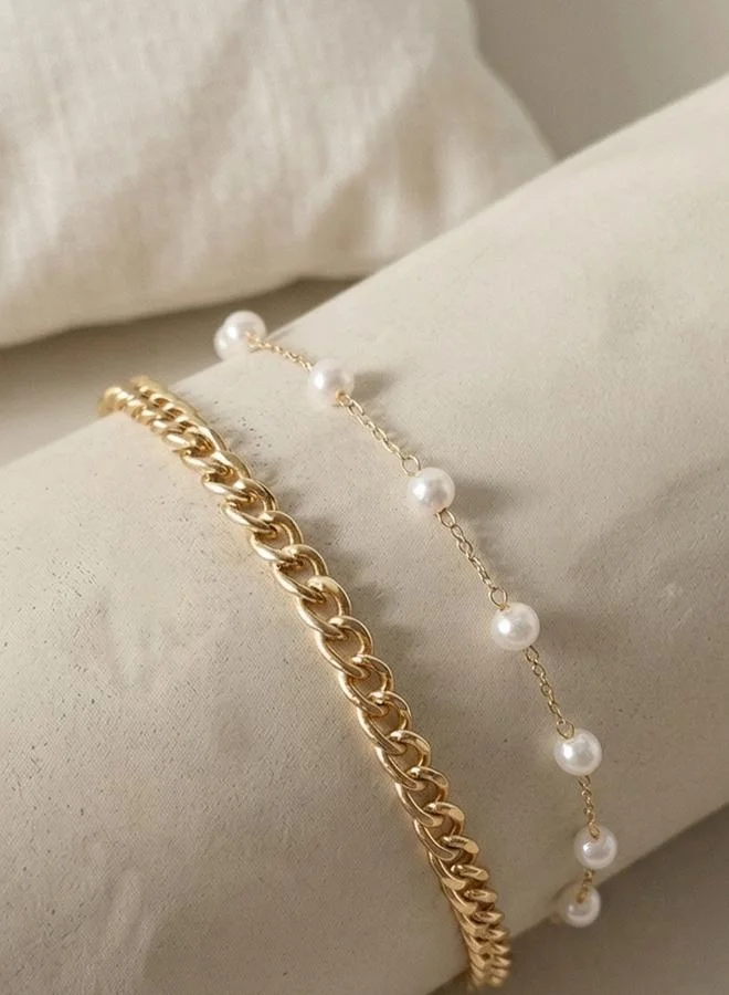 تايك تو Layered Faux Pearl Chain Anklet