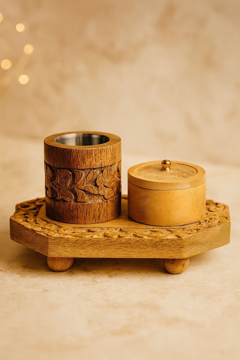 Roman Gifts Three-Piece Hand-Carved Wooden Incense Set – Mubkhara, Tray & Holder - Image 1