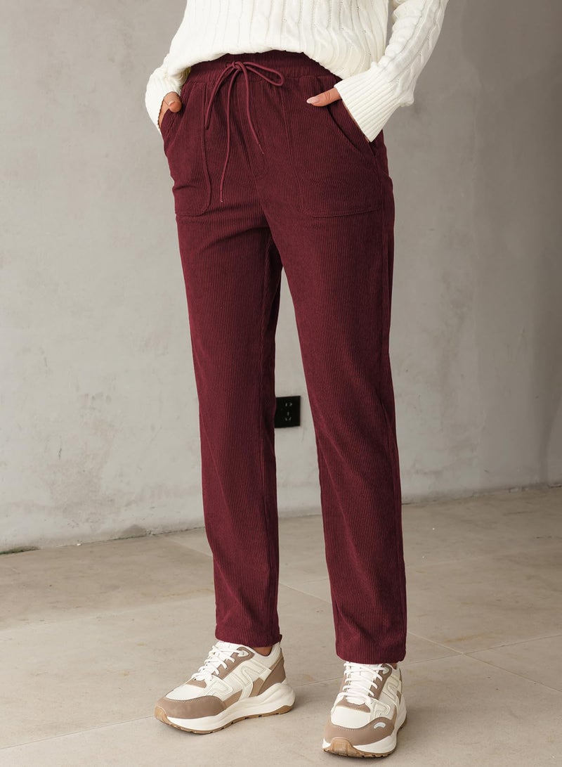 EVALESS Casual Corduroy Pants for Women Spring Fashion 2026 Drawstring Elastic Waist Pants Comfy Straight Leg Trousers with Pockets Burgundy X-Large - Image 5
