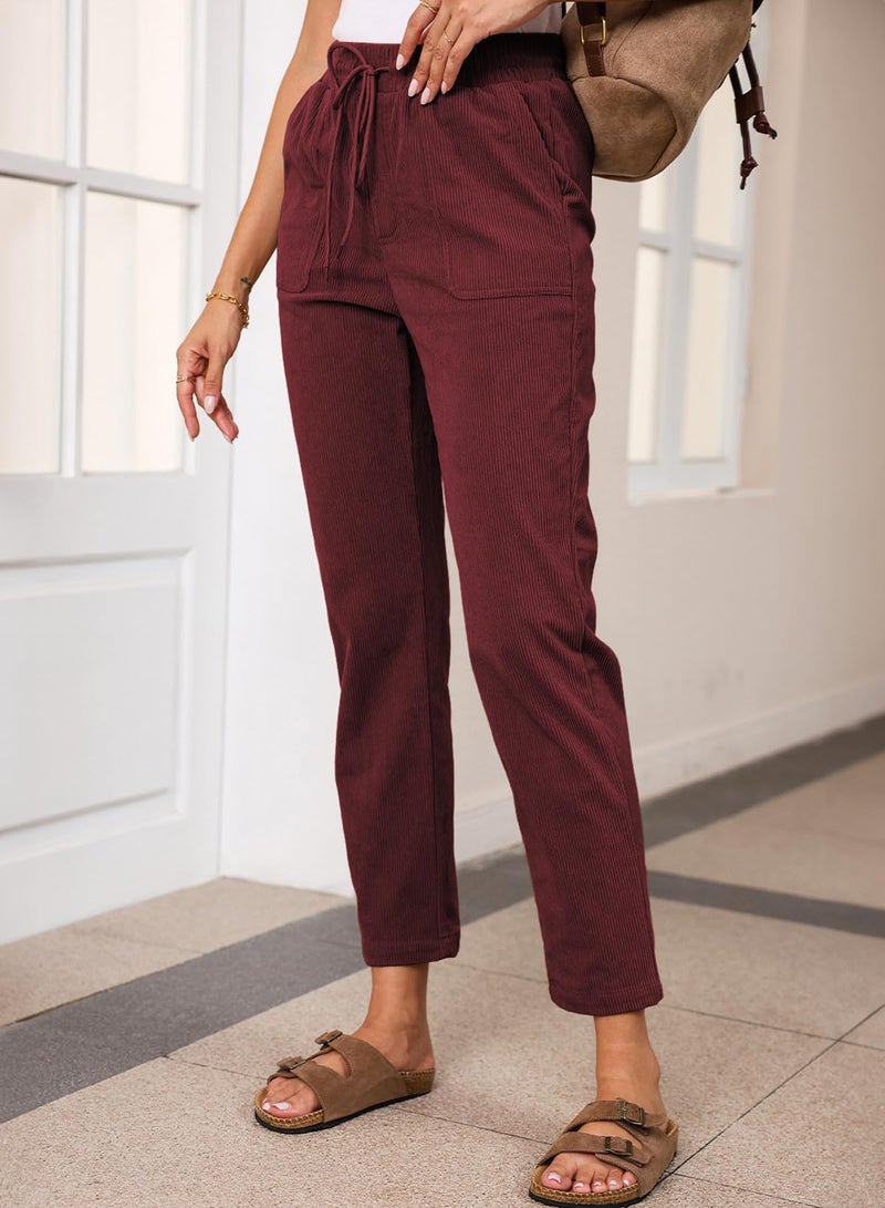 EVALESS Casual Corduroy Pants for Women Spring Fashion 2026 Drawstring Elastic Waist Pants Comfy Straight Leg Trousers with Pockets Burgundy X-Large - Image 3