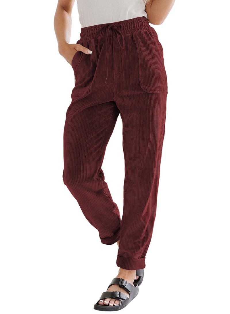 EVALESS Casual Corduroy Pants for Women Spring Fashion 2026 Drawstring Elastic Waist Pants Comfy Straight Leg Trousers with Pockets Burgundy X-Large - Image 1