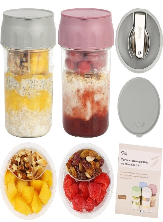 SOLIGT 2 Pack Overnight Oats Containers with Lids, Folding Spoons and Divided Compartments for Fruit & Nuts, Small Glass 16oz Mason Jars for Oatmeal Yogurt Parfait - Image 1