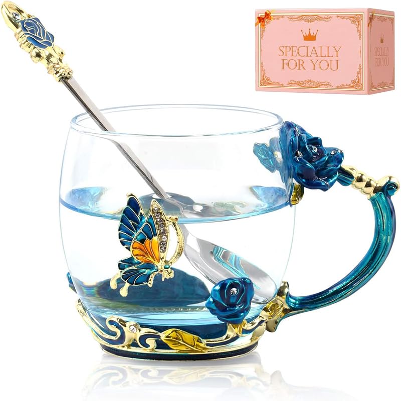 DasyFly Tea Cup Gifts for Mom Birthday Gift for Women,Glass Coffee Enamels Mug Butterfly Sky Blue Flower Cup Unique Valentines Mothers Day Christmas gifts For Women Mom Wife Sister Coworker Female Friend - Image 1