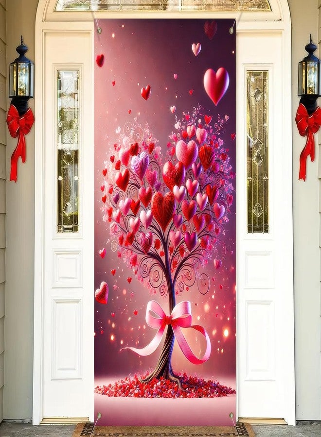 BlissYard Happy Valentine's Day Door Cover Romantic Heart Tree Backdrop Valentines Day Banner Holiday Door Cover 70x35 Inches Valentines Day Decorations for Party Holiday Indoor Outdoor Decor - Image 2