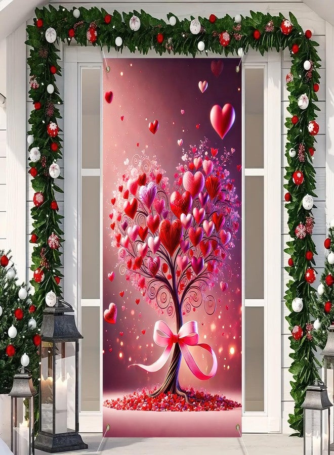 BlissYard Happy Valentine's Day Door Cover Romantic Heart Tree Backdrop Valentines Day Banner Holiday Door Cover 70x35 Inches Valentines Day Decorations for Party Holiday Indoor Outdoor Decor - Image 3