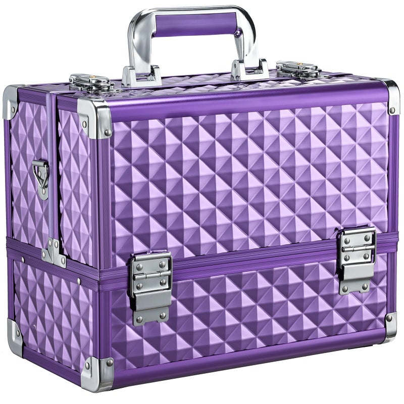 FRENESSA Makeup Train Case Makeup Case 126 Inch Large Cosmetic Box Organizer Travel Storage Professional Make Up Train Carrying Case with 6 Trays Locking Shoulder Strap Hard Vanity Storage Purple