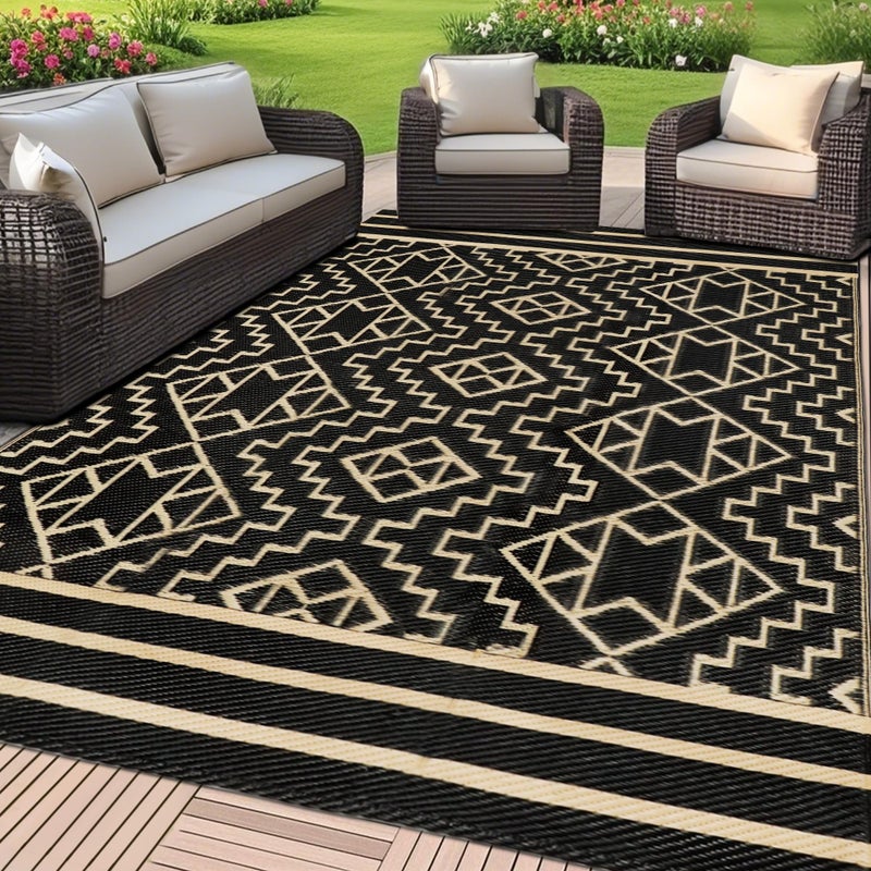 SAND MINE Reversible Mats, Plastic Straw Rug, Modern Area Rug, Large Floor Mat and Rug for Outdoors, RV, Patio, Backyard, Deck, Picnic, Beach, Trailer, Camping (5' x 8', Black & Beige) - Image 1