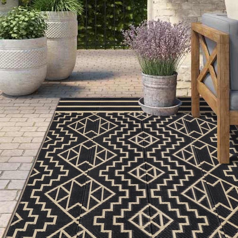 SAND MINE Reversible Mats, Plastic Straw Rug, Modern Area Rug, Large Floor Mat and Rug for Outdoors, RV, Patio, Backyard, Deck, Picnic, Beach, Trailer, Camping (5' x 8', Black & Beige) - Image 5