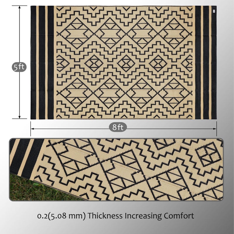 SAND MINE Reversible Mats, Plastic Straw Rug, Modern Area Rug, Large Floor Mat and Rug for Outdoors, RV, Patio, Backyard, Deck, Picnic, Beach, Trailer, Camping (5' x 8', Black & Beige) - Image 3