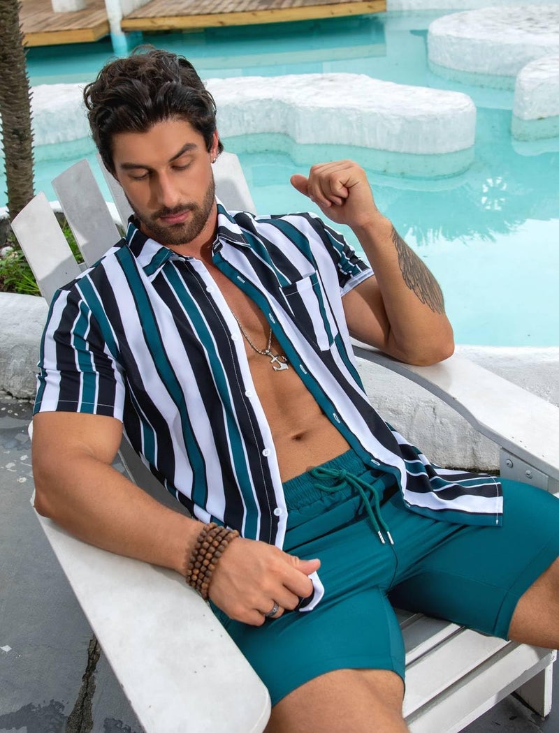 EISHOPEER Mens Short Sets 2 Piece Outfits Tropical Outfits Striped Print Button Down Matching Shirt & Swimming Sports Shorts Green XX-Large - Image 5