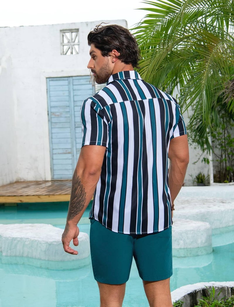 EISHOPEER Mens Short Sets 2 Piece Outfits Tropical Outfits Striped Print Button Down Matching Shirt & Swimming Sports Shorts Green XX-Large - Image 4