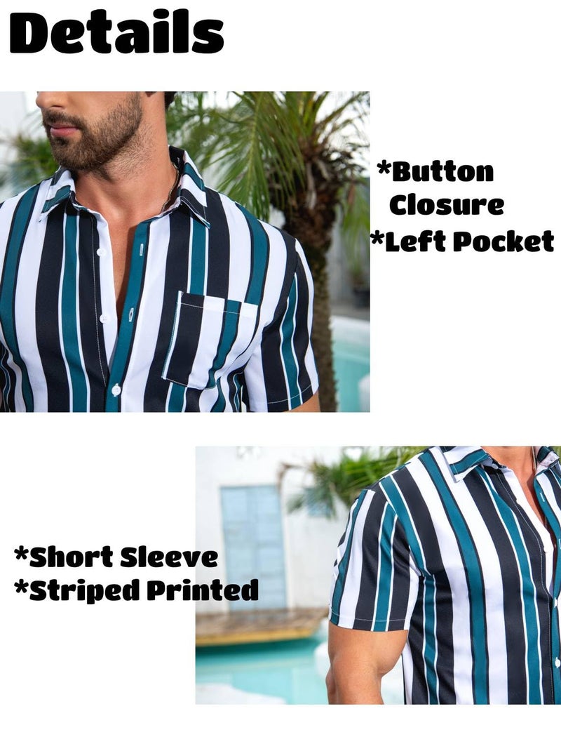 EISHOPEER Mens Short Sets 2 Piece Outfits Tropical Outfits Striped Print Button Down Matching Shirt & Swimming Sports Shorts Green XX-Large - Image 3