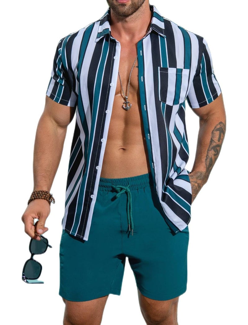 EISHOPEER Mens Short Sets 2 Piece Outfits Tropical Outfits Striped Print Button Down Matching Shirt & Swimming Sports Shorts Green XX-Large - Image 1