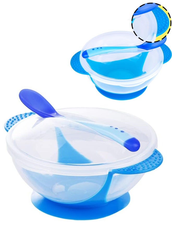 Blue Baby Bowls with Suction Base, Spill-Proof Lid, Temperature-Sensing Spoon, Binaural Design Bowl for Babies Kids children Toddlers, First Stage Self Feeding - Image 1