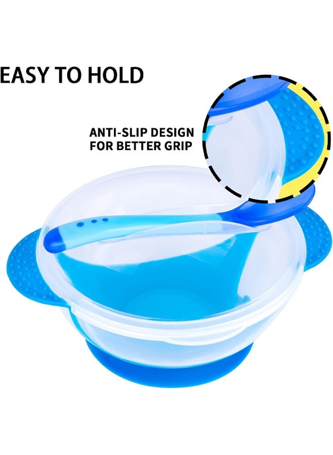 Blue Baby Bowls with Suction Base, Spill-Proof Lid, Temperature-Sensing Spoon, Binaural Design Bowl for Babies Kids children Toddlers, First Stage Self Feeding - Image 5