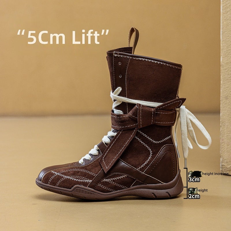 MEIYOUMEINX Vintage Boxing Boots for Women 2026 New Spring Summer Outdoor Mid-Calf Boots Comfortable Low Wedge Round Toe Lace-Up - Image 1