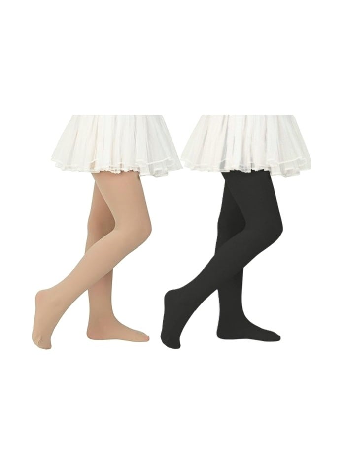 Perfectory School Uniform Tights for Girls Ballet Dance Footed Tight Ultra Soft-Black & Nude-2 Pairs  - Image 1