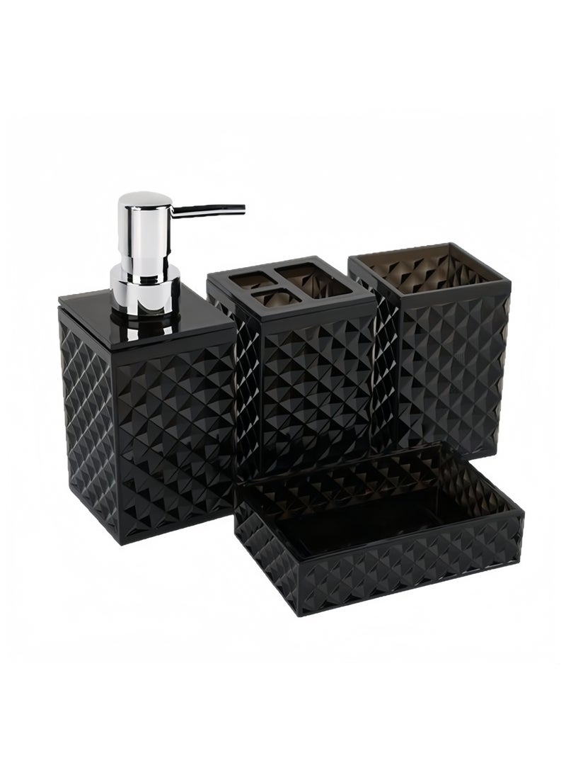 FUKE 4Pcs Bathroom Set Diamond Grid Plastic Soap Dispenser,Toothbrush Holder,Cup, Soap Dish - Image 2