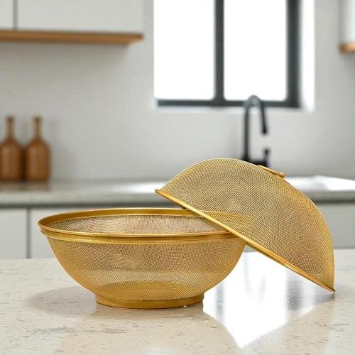 E - Ezra Stainless Steel Mesh Fruit Basket For Dining Table | Multipurpose & Easy-to-Clean Veg Basket For Kitchen - Perfect For Office, Home & Restaurant | Gold 28.5L x 28.5W x 12H Centimeters - Image 2