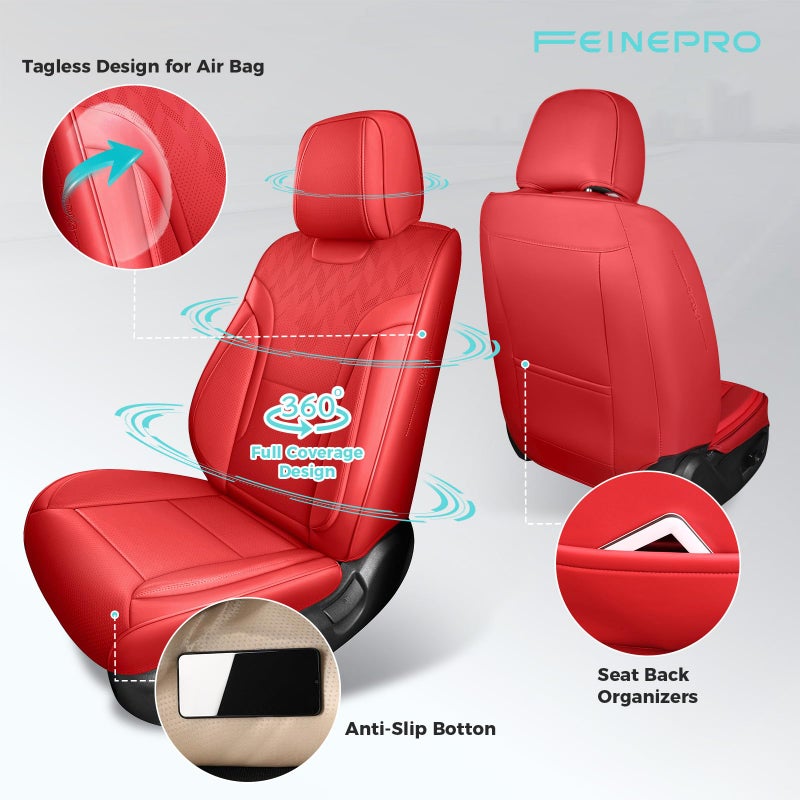 FEINEPRO Red Car Seat Covers Full Set - Breathable Faux Leather Universal 5 Seat Covers for Cars, Automotive Protector Fit for Most Sedan SUV Pick-up Truck - Image 3