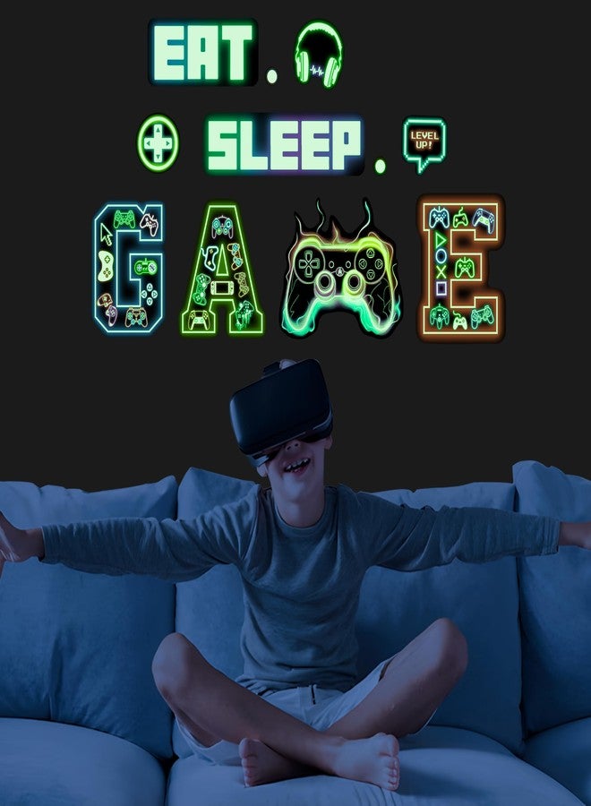 Robmoda Glow in The Dark Neon Gamer Wall Decals, Game Controller Joystick Wall Stickers, EAT Sleep Game Gaming Room Decor, Kids Teens Boys Girls Bedroom Playroom Living Room Internet Bar - Image 1
