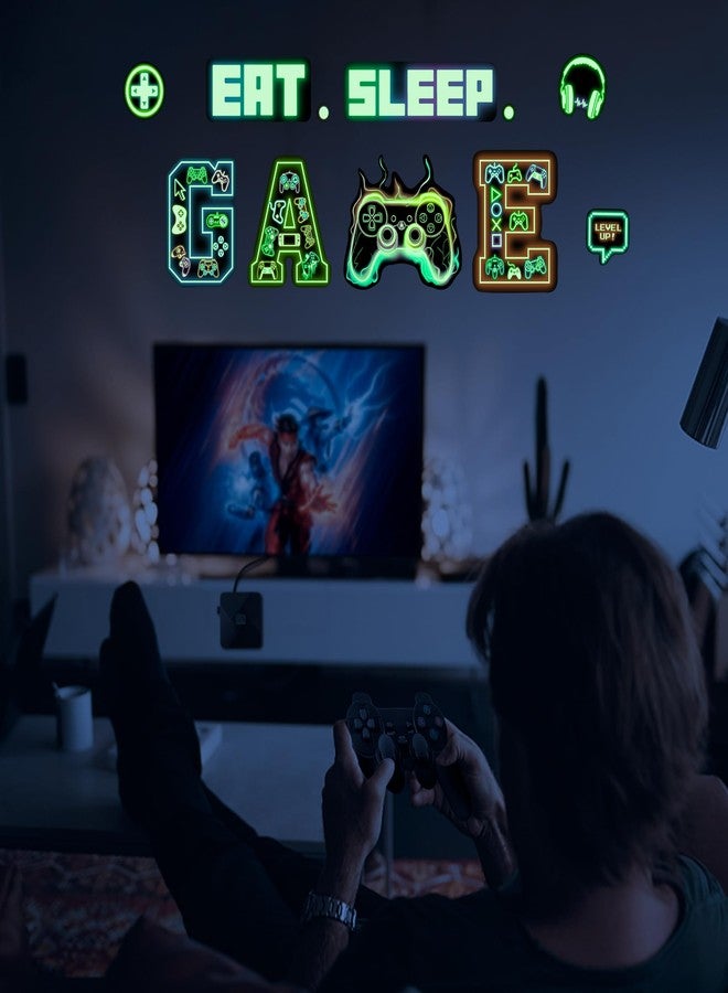 Robmoda Glow in The Dark Neon Gamer Wall Decals, Game Controller Joystick Wall Stickers, EAT Sleep Game Gaming Room Decor, Kids Teens Boys Girls Bedroom Playroom Living Room Internet Bar - Image 2
