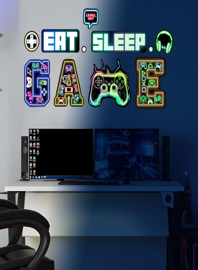 Robmoda Glow in The Dark Neon Gamer Wall Decals, Game Controller Joystick Wall Stickers, EAT Sleep Game Gaming Room Decor, Kids Teens Boys Girls Bedroom Playroom Living Room Internet Bar - Image 4
