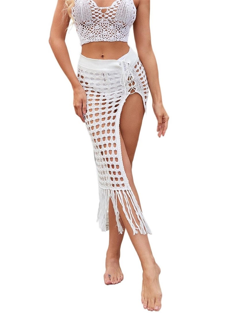 SYOSI Women's Crochet Knit Hollow Out, Beach Maxi Cover Up Fish Net Swimsuit Sarong Coverups Wrap, Slit Bodycon Long Skirt Set Beach Maxi Dresses, Size: M - Image 1