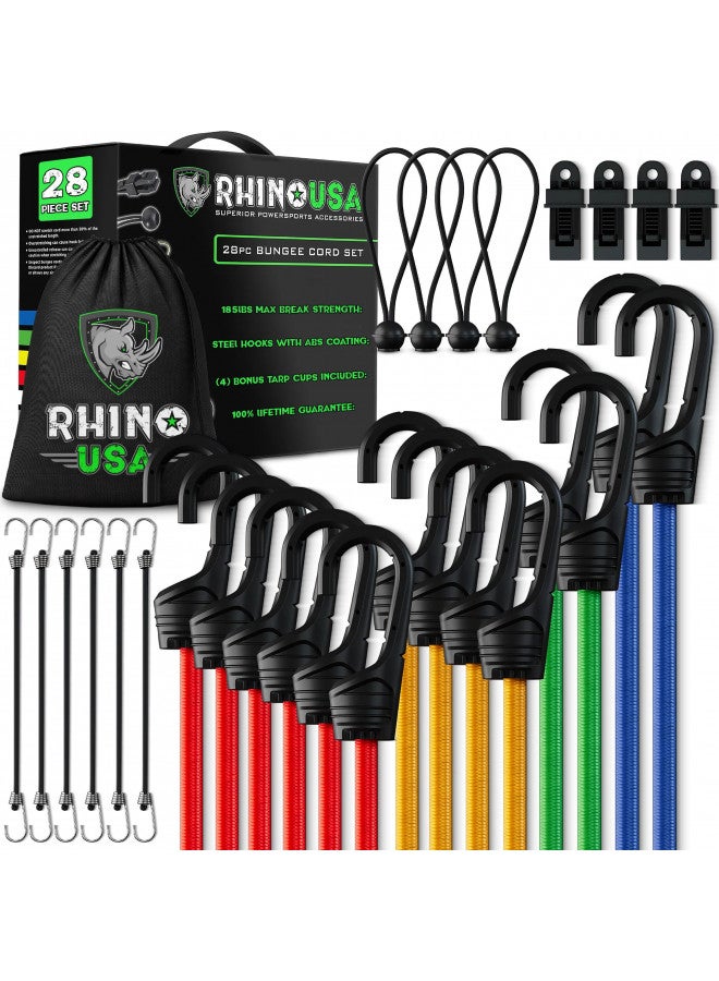 Rhino USA RHINO USA Bungee Cords with Hooks - Heavy Duty Outdoor 28pc Assortment with 4 Free Tarp Clips, Drawstring Organizer Bag, Canopy Ties & Ball Bungees  - Image 1