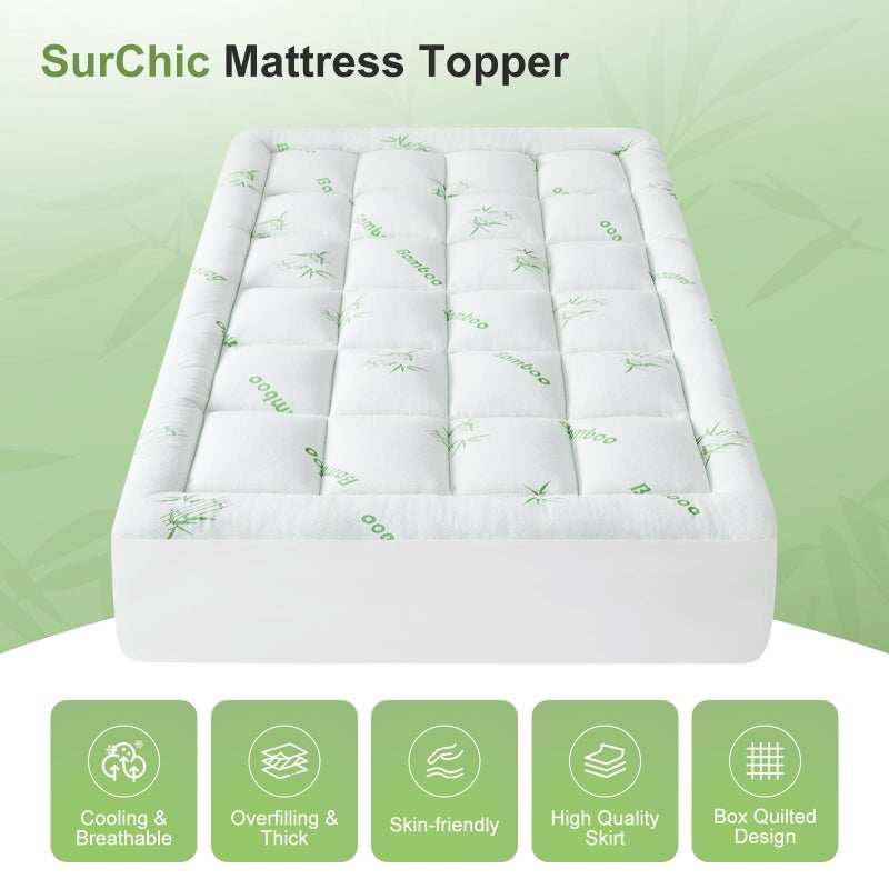 SurChic Full Size Mattress Topper Viscose Derived from Bamboo, Soft Thick Pillow Top Mattress Pad Cover for Back Pain, Cooling Mattress Protector with 8-21 Inch Deep Pocket, White - Image 4