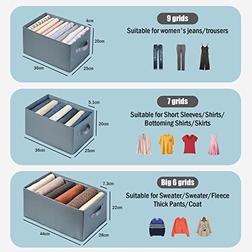 House of Quirk Set of 3 Wardrobe Clothes Organizer for Folded Clothes with Handle, Closet Drawer Organizers for Jeans Pants T-shirt Sweater Kids Clothes (6+7+9 Grids, Black, Fabric) - Image 3