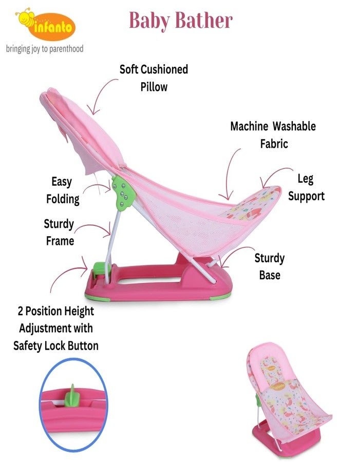 Infanto Baby Bather – Adjustable, Non-Slip & Foldable Bath Seat Chair for Newborns (0-12 Months) (Pink) - Image 3