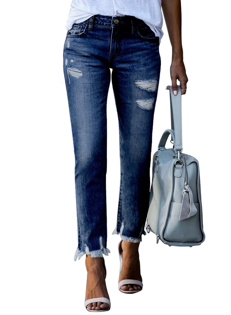 EVALESS Stretchy Jeans for Women 2025 Boyfriend High Waisted Ripped Distressed Frayed Hem Tummy Control Jean Size 14 Navy Blue - Image 1