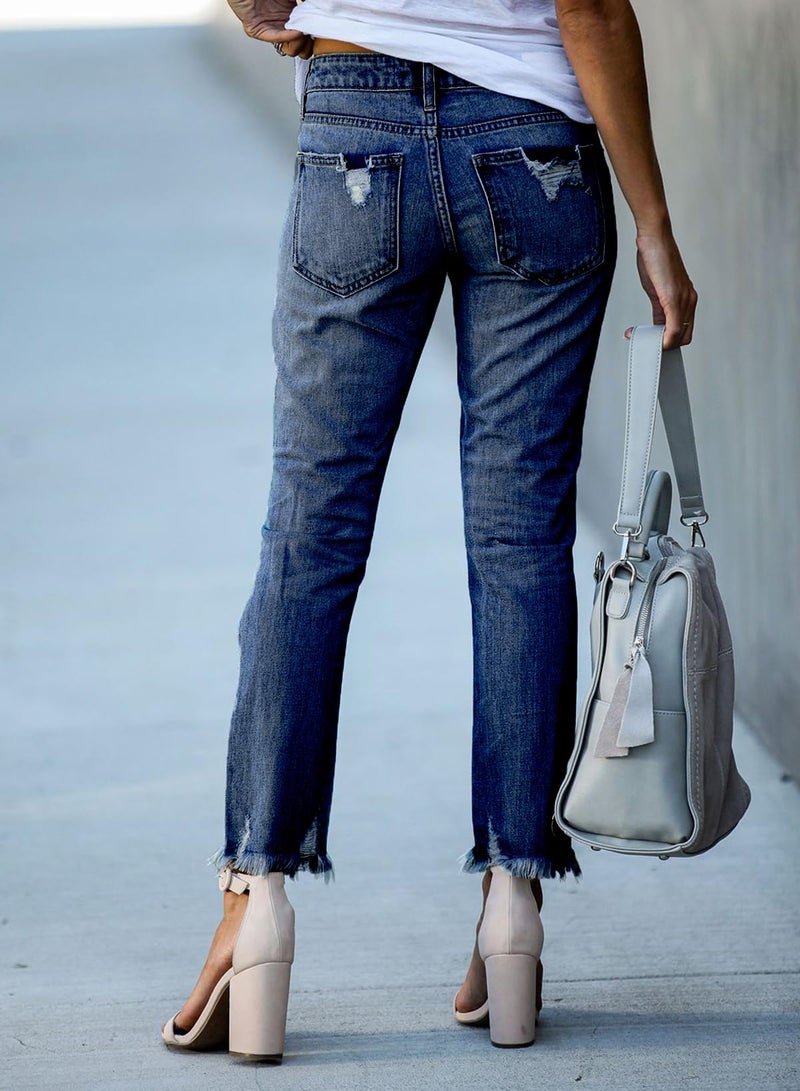 EVALESS Stretchy Jeans for Women 2025 Boyfriend High Waisted Ripped Distressed Frayed Hem Tummy Control Jean Size 14 Navy Blue - Image 2