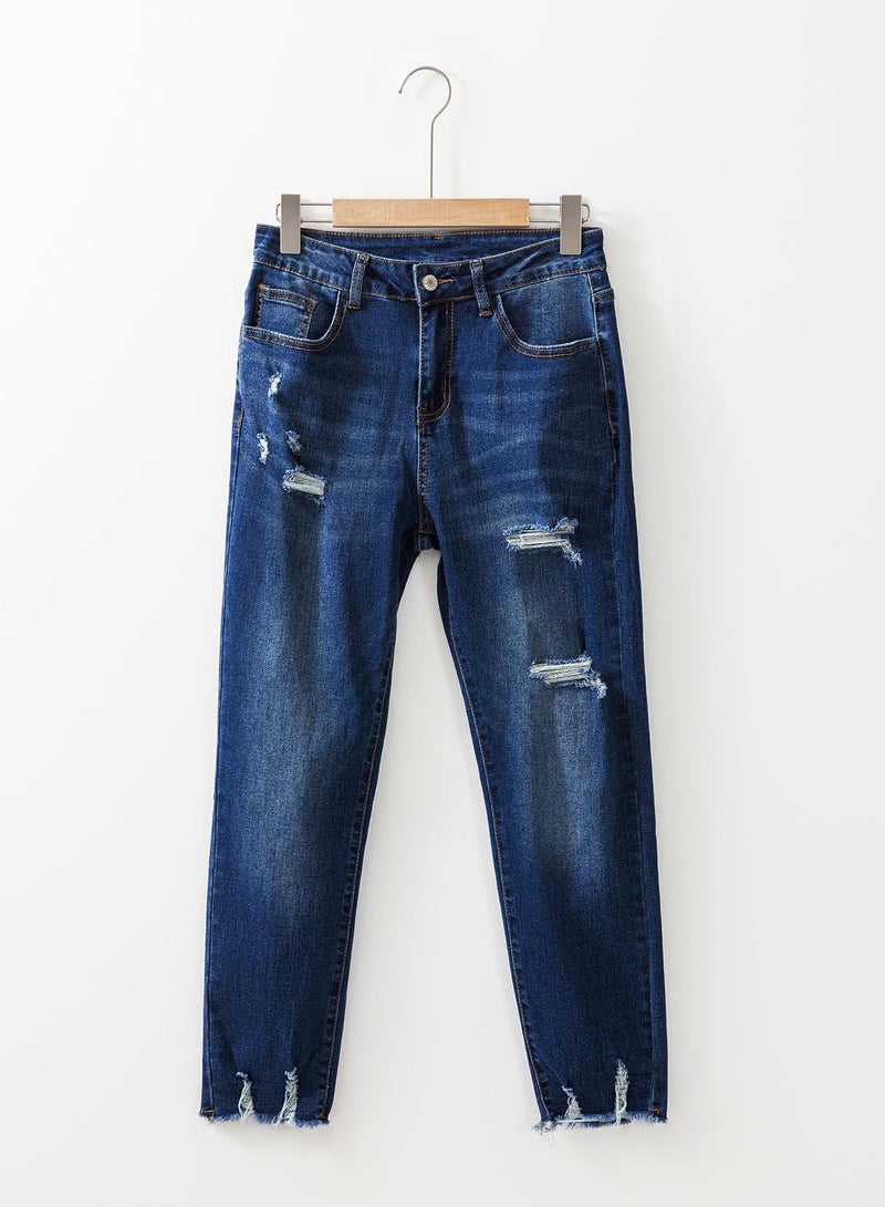 EVALESS Stretchy Jeans for Women 2025 Boyfriend High Waisted Ripped Distressed Frayed Hem Tummy Control Jean Size 14 Navy Blue - Image 3