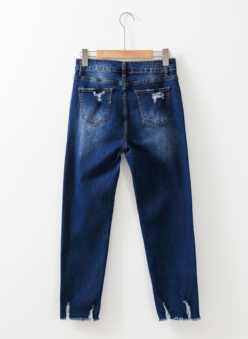 EVALESS Stretchy Jeans for Women 2025 Boyfriend High Waisted Ripped Distressed Frayed Hem Tummy Control Jean Size 14 Navy Blue - Image 4