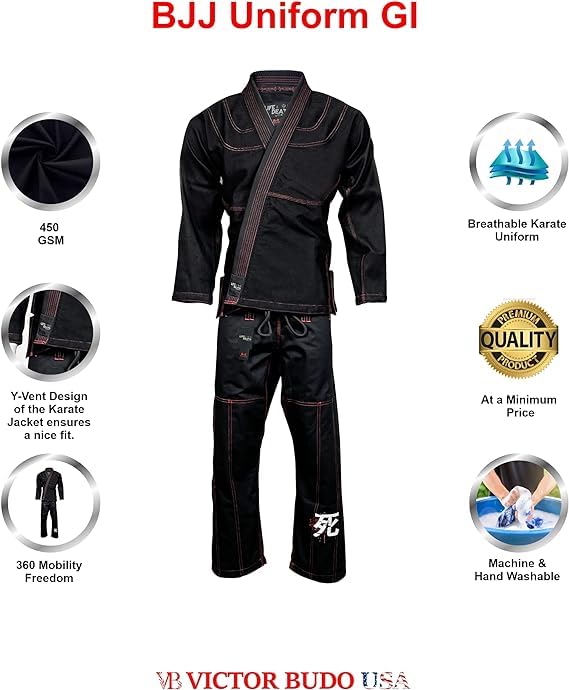 Victorbudo USA BJJ Gi For Men & Women Brazilian Jiu Jitsu Gi Preshrunk BJJ Taekwondo Uniform for Martial Arts Training -Black Size A1 - Image 2