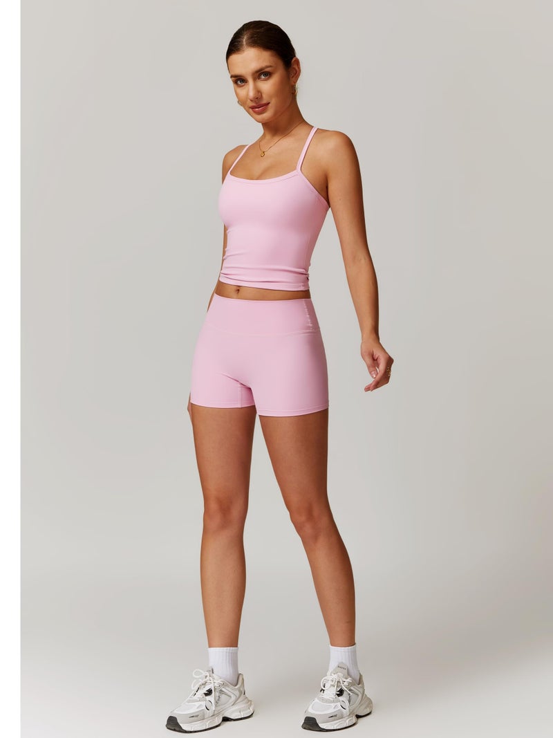 ABOCIW Workout Sets for Women Padded Sports Bra Tank Tops High Waist Booty Shorts Gym Yoga Active Wear Outfits Power Pink Large - Image 4