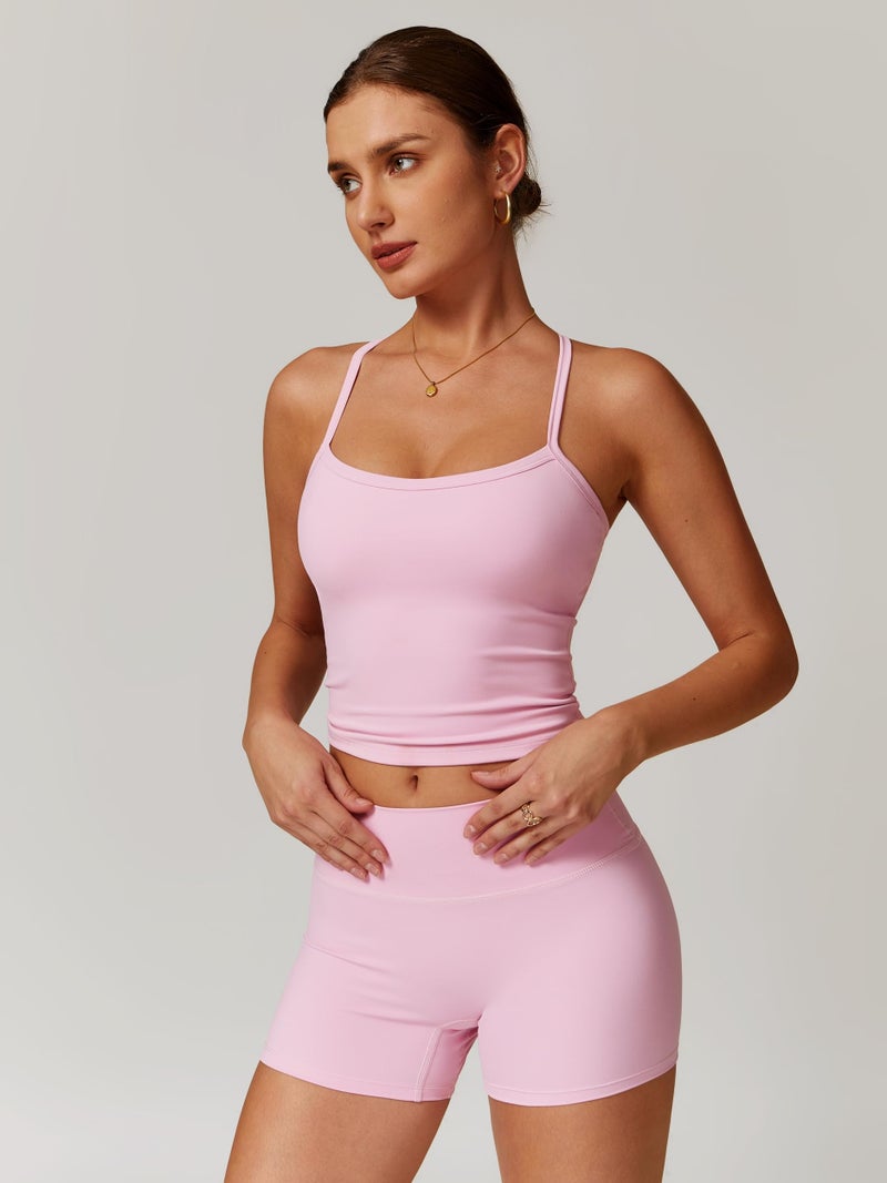 ABOCIW Workout Sets for Women Padded Sports Bra Tank Tops High Waist Booty Shorts Gym Yoga Active Wear Outfits Power Pink Large - Image 3