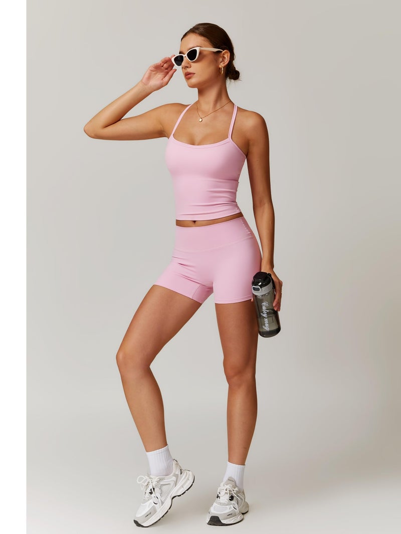 ABOCIW Workout Sets for Women Padded Sports Bra Tank Tops High Waist Booty Shorts Gym Yoga Active Wear Outfits Power Pink Large - Image 5